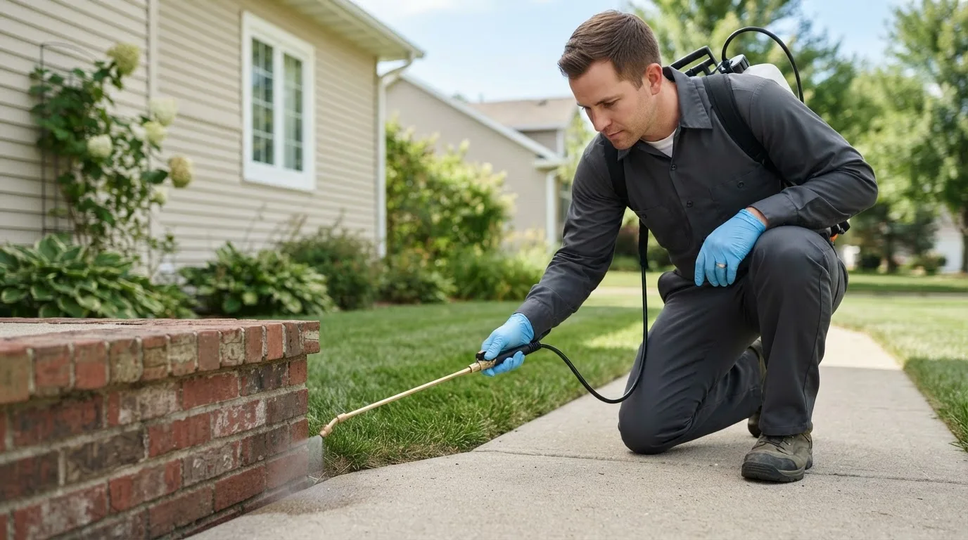 Pest control technician treating a home near Wooster, OH
